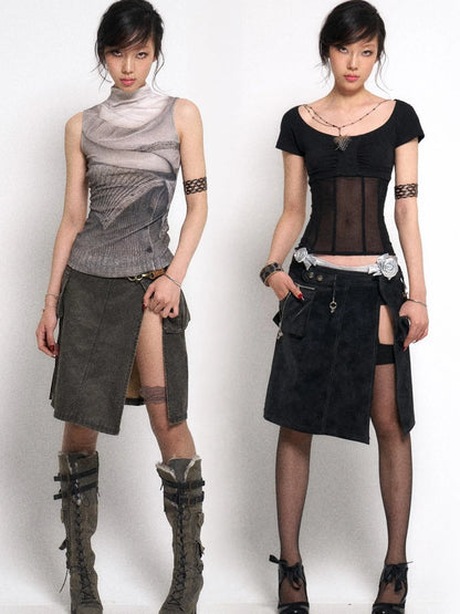 Asymmetrical Leather Panel Midi Skirt with Dual Tone Washable Pu