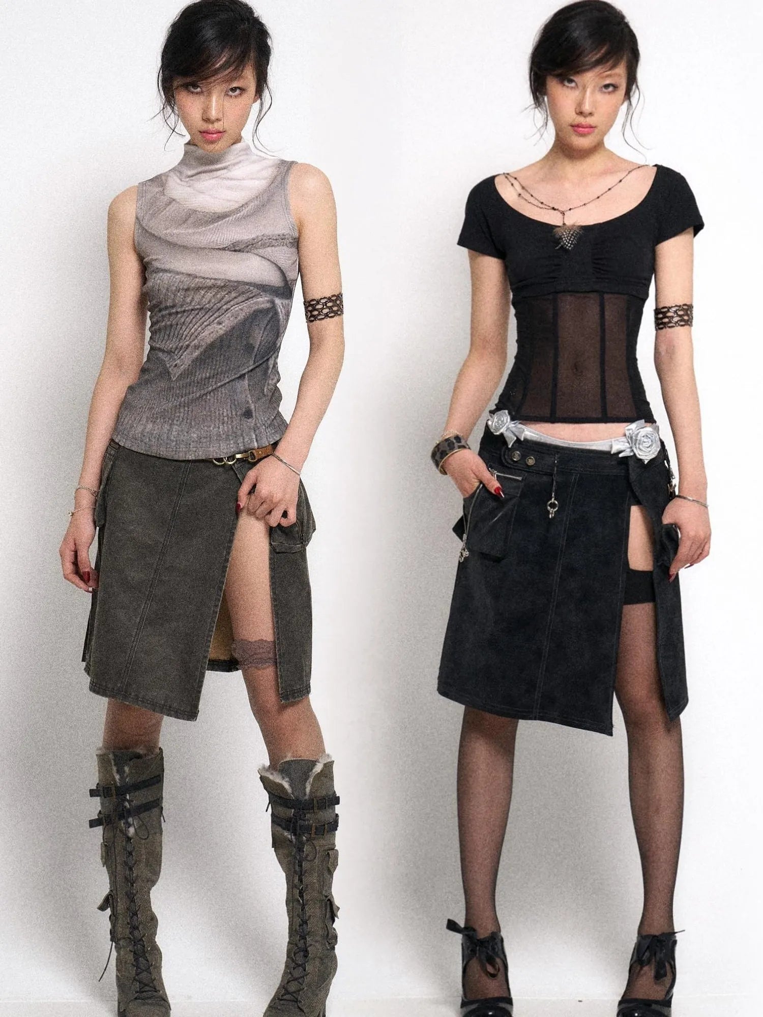 Asymmetrical Leather Panel Midi Skirt with Dual Tone Washable Pu