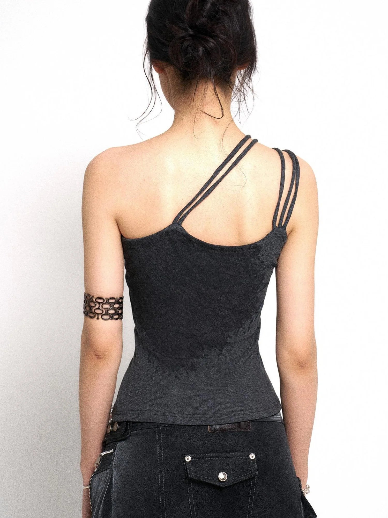 Asymmetrical Shoulder Slit Knit Top With Diamond Print
