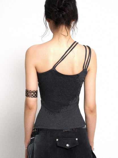 Flowers birds Market Asymmetrical Shoulder Slit Knit Top With Diamond Print