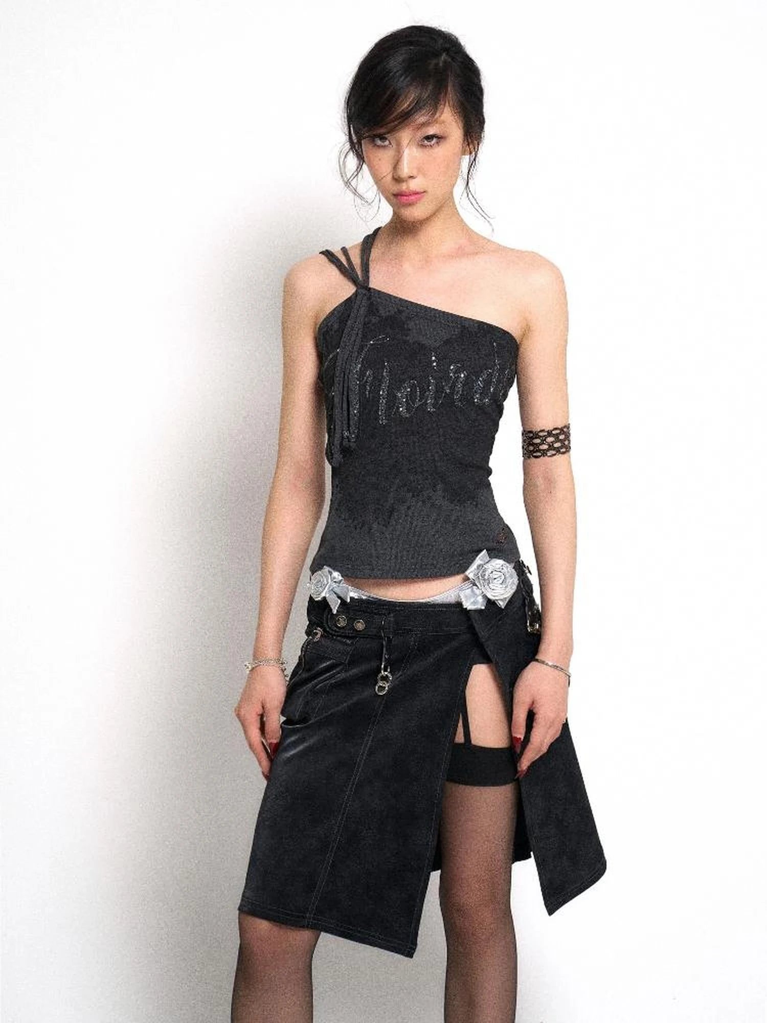 Asymmetrical Shoulder Slit Knit Top With Diamond Print