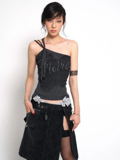 Asymmetrical Shoulder Slit Knit Top With Diamond Print