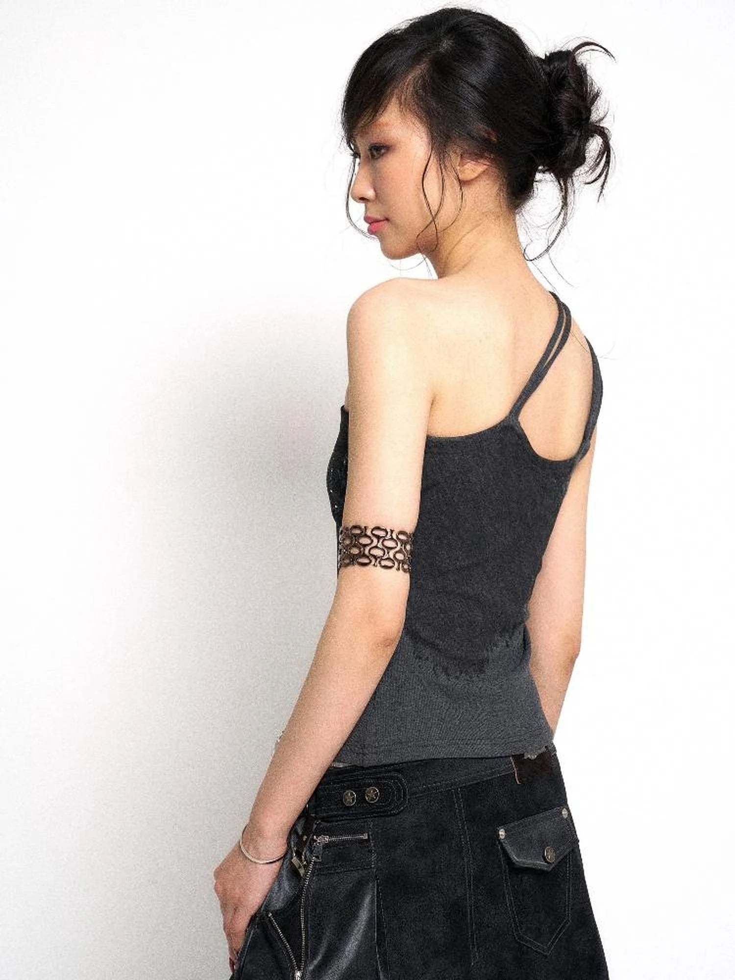 Asymmetrical Shoulder Slit Knit Top With Diamond Print