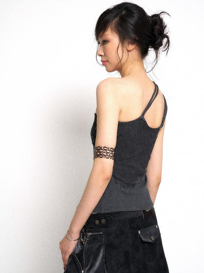 Flowers birds Market Asymmetrical Shoulder Slit Knit Top With Diamond Print