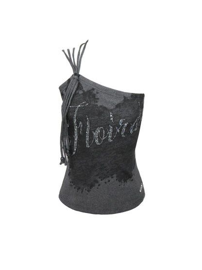 Asymmetrical Shoulder Slit Knit Top With Diamond Print