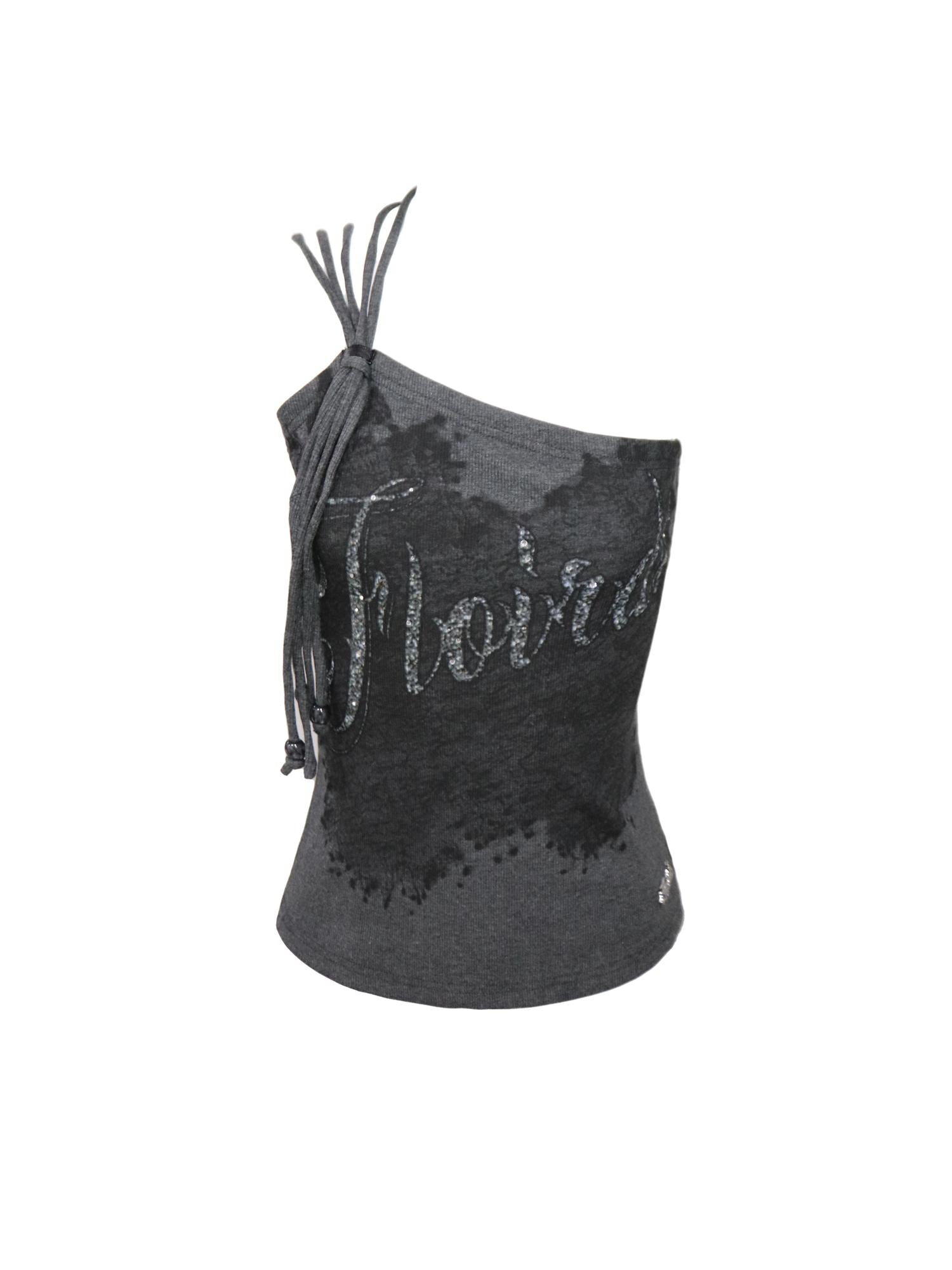 Flowers birds Market Asymmetrical Shoulder Slit Knit Top With Diamond Print