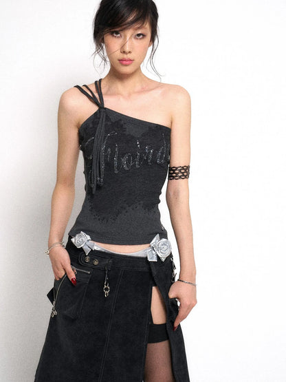 Asymmetrical Shoulder Slit Knit Top With Diamond Print