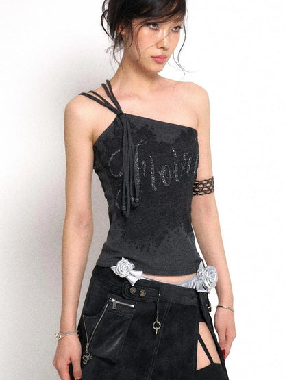 Asymmetrical Shoulder Slit Knit Top With Diamond Print