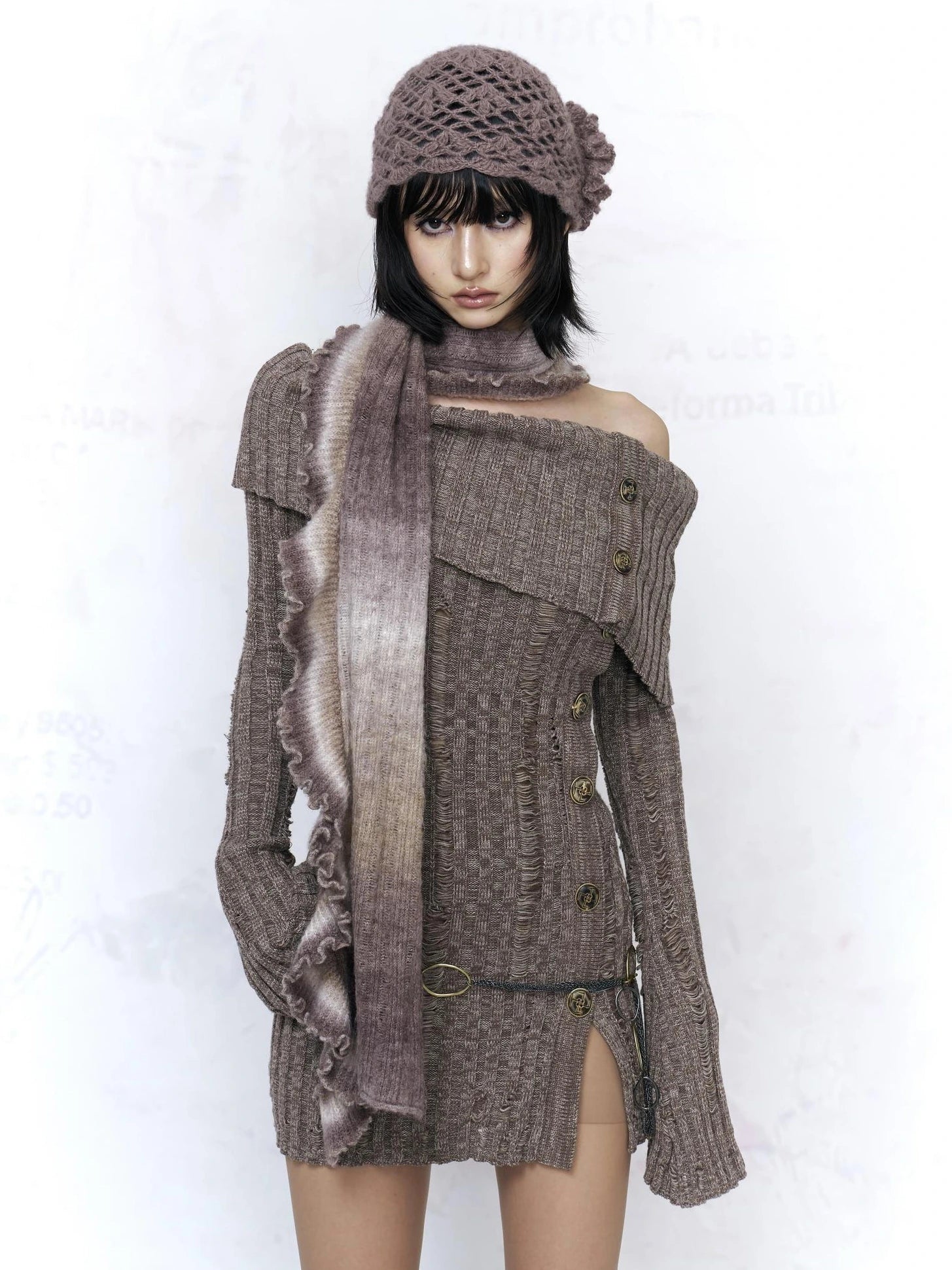 Backless Off Shoulder Wool Knit Ripped Long Sleeve Women Pullover Sweater