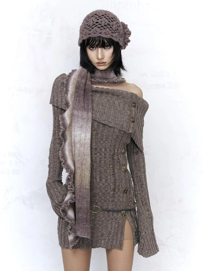 Backless Off Shoulder Wool Knit Ripped Long Sleeve Women Pullover Sweater