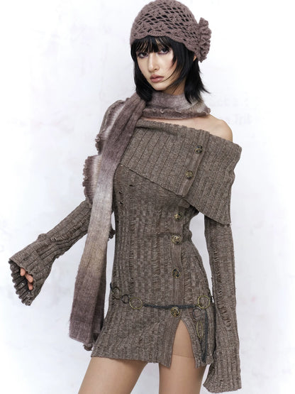 Backless Off Shoulder Wool Knit Ripped Long Sleeve Women Pullover Sweater