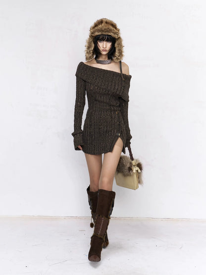 Backless Off Shoulder Wool Knit Ripped Long Sleeve Women Pullover Sweater