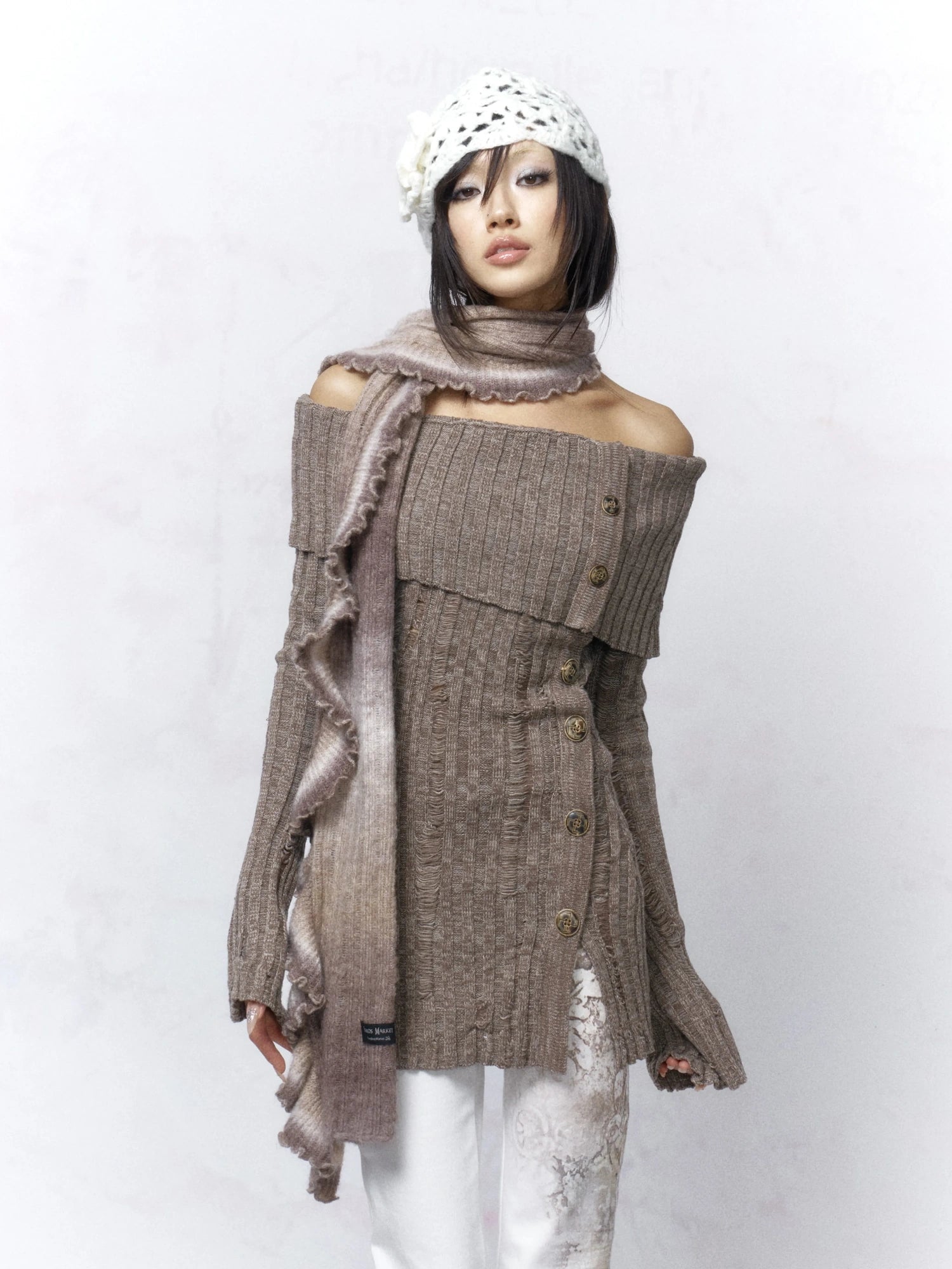 Backless Off Shoulder Wool Knit Ripped Long Sleeve Women Pullover Sweater