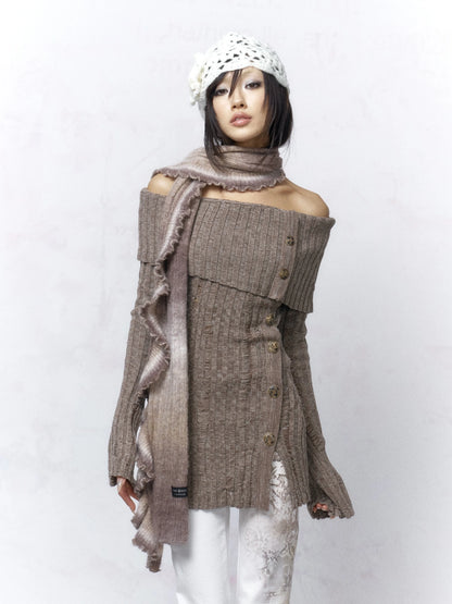 Backless Off Shoulder Wool Knit Ripped Long Sleeve Women Pullover Sweater