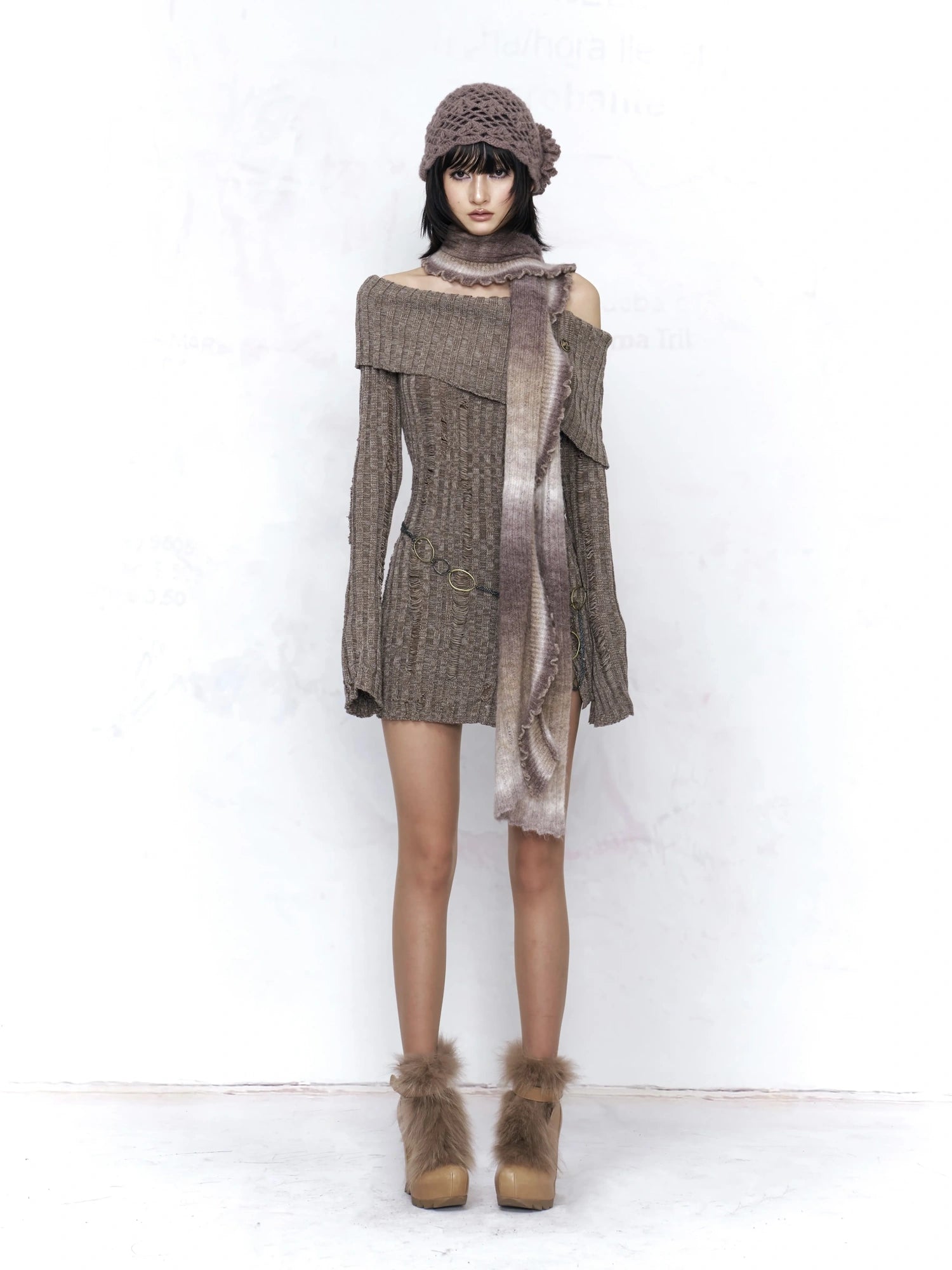 Backless Off Shoulder Wool Knit Ripped Long Sleeve Women Pullover Sweater