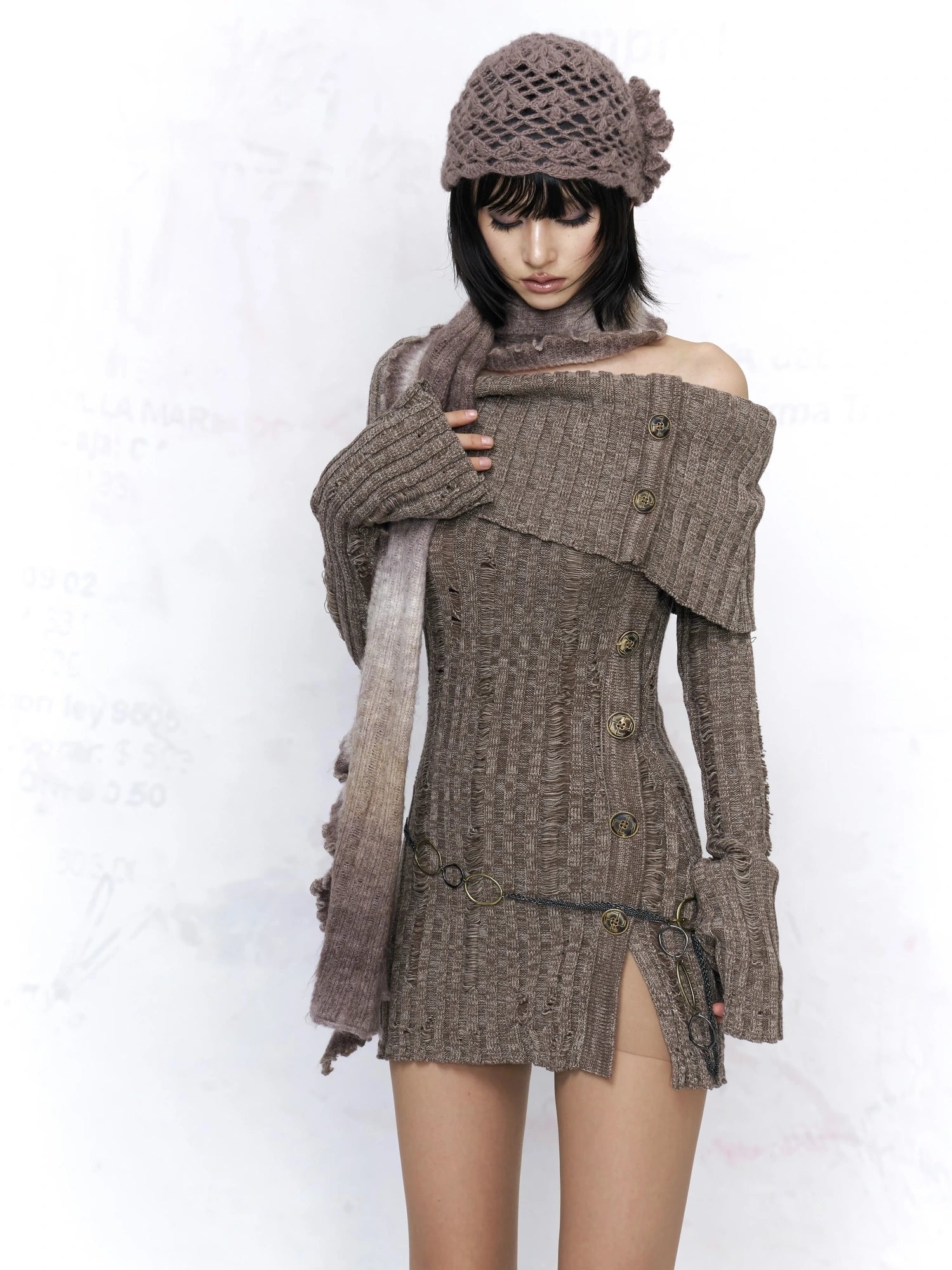 Backless Off Shoulder Wool Knit Ripped Long Sleeve Women Pullover Sweater