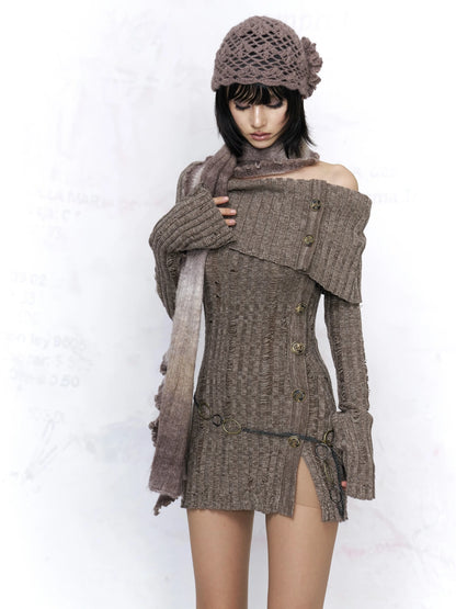 Backless Off Shoulder Wool Knit Ripped Long Sleeve Women Pullover Sweater