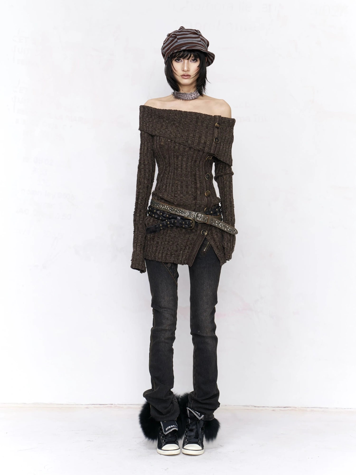 Backless Off Shoulder Wool Knit Ripped Long Sleeve Women Pullover Sweater