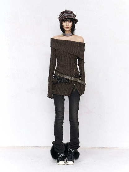 Backless Off Shoulder Wool Knit Ripped Long Sleeve Women Pullover Sweater