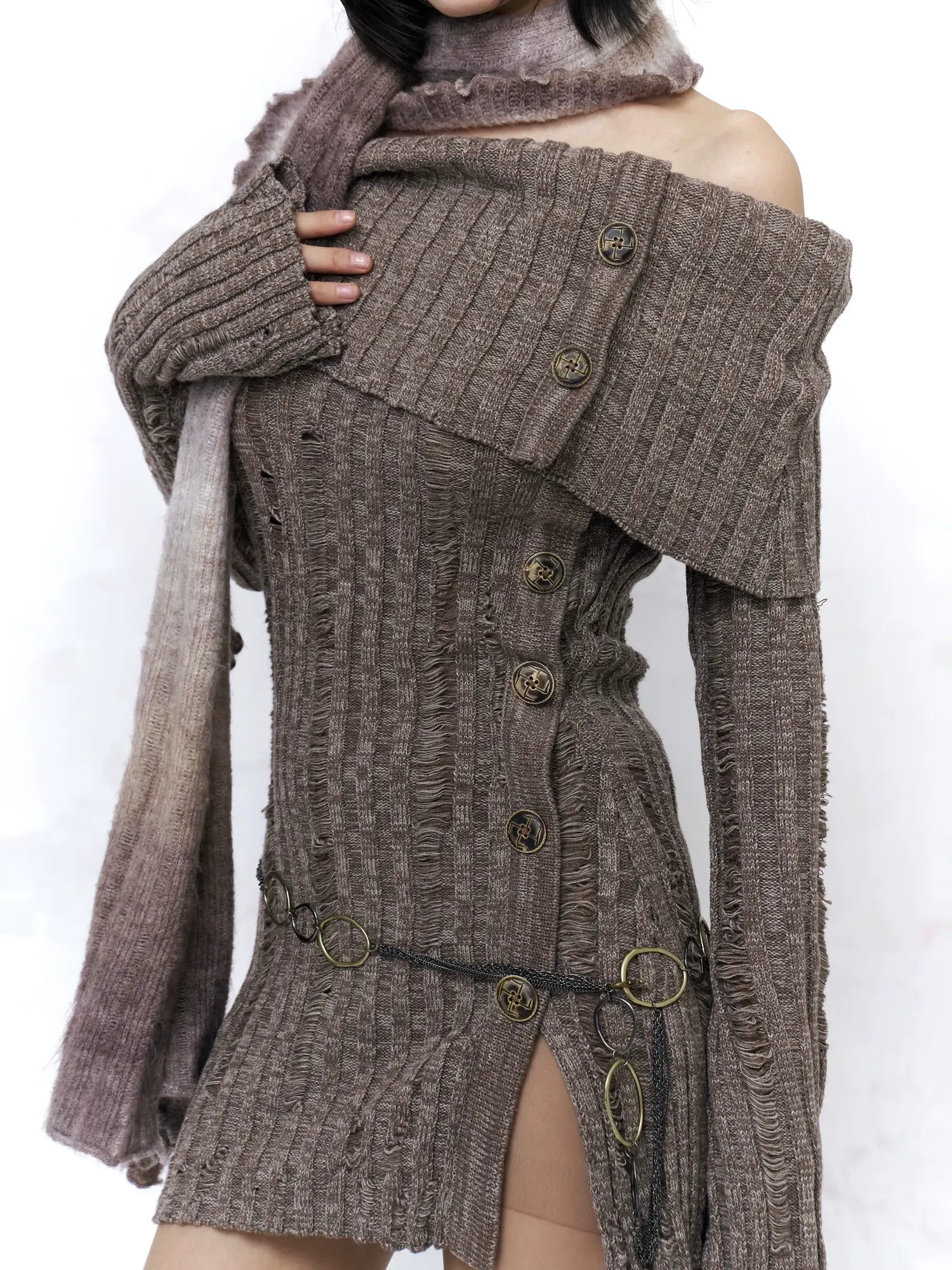 Backless Off Shoulder Wool Knit Ripped Long Sleeve Women Pullover Sweater