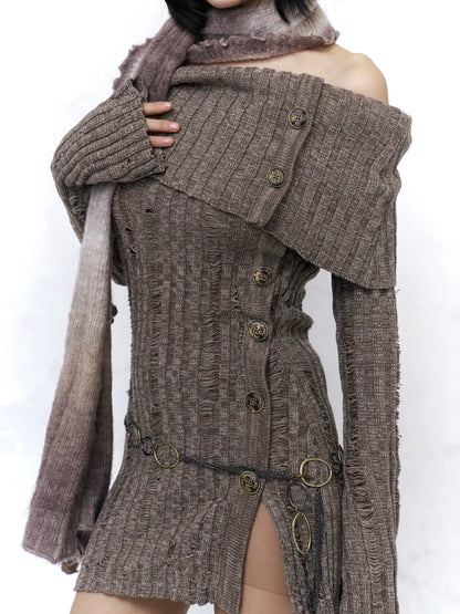 Backless Off Shoulder Wool Knit Ripped Long Sleeve Women Pullover Sweater