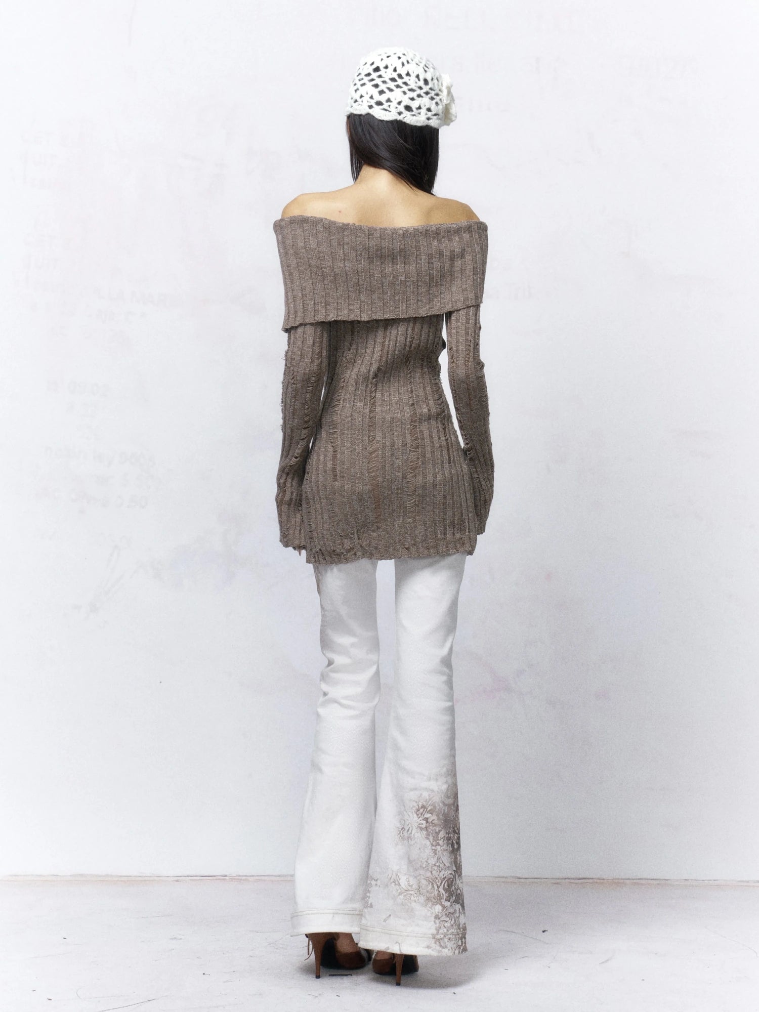 Backless Off Shoulder Wool Knit Ripped Long Sleeve Women Pullover Sweater