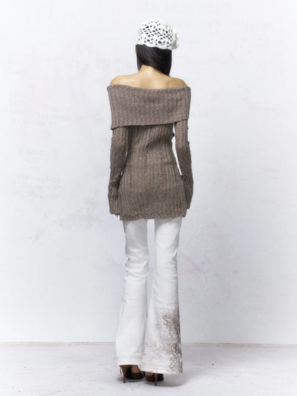 Backless Off Shoulder Wool Knit Ripped Long Sleeve Women Pullover Sweater
