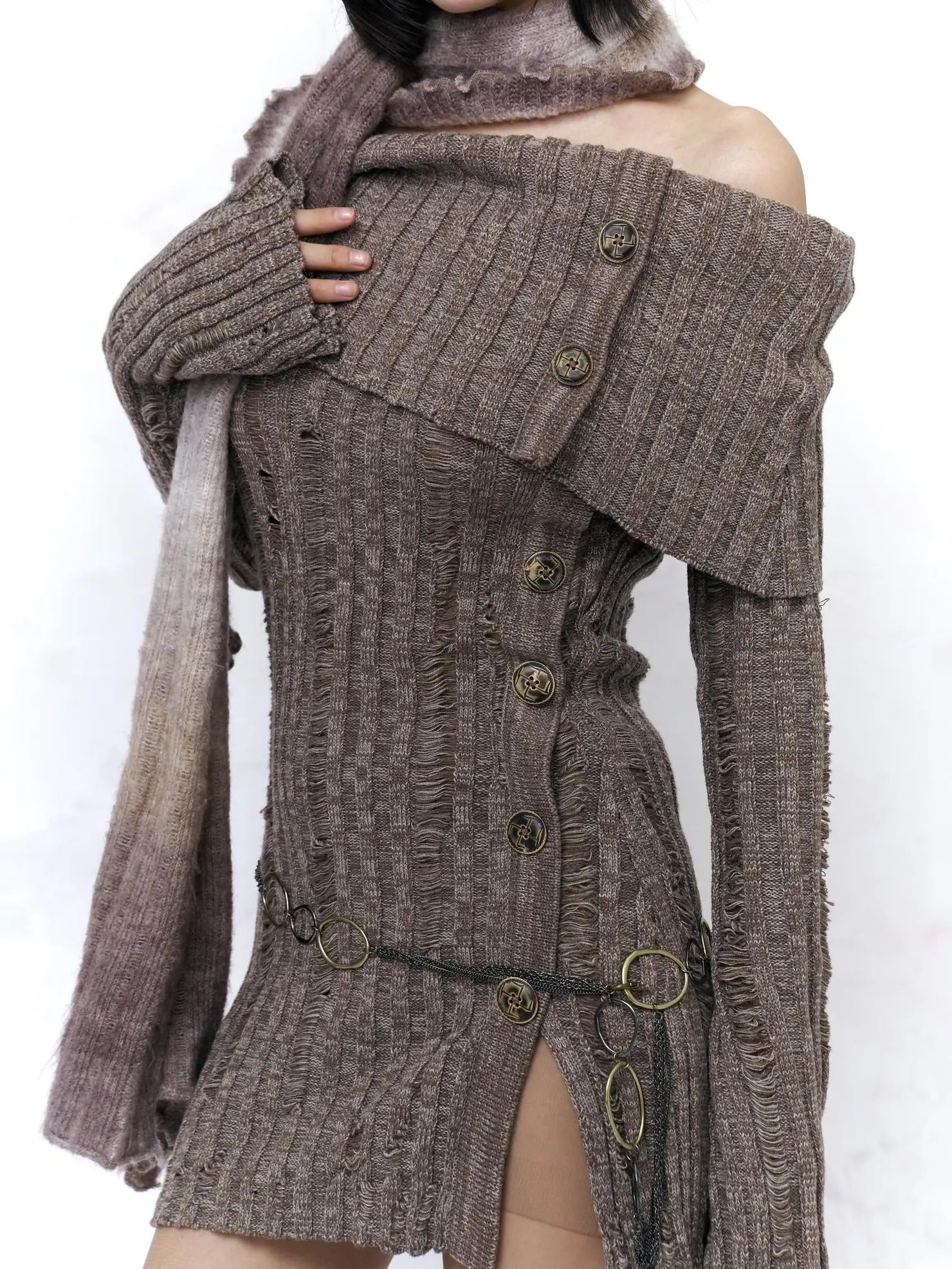 Backless Off Shoulder Wool Knit Ripped Long Sleeve Women Pullover Sweater