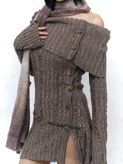 Backless Off Shoulder Wool Knit Ripped Long Sleeve Women Pullover Sweater