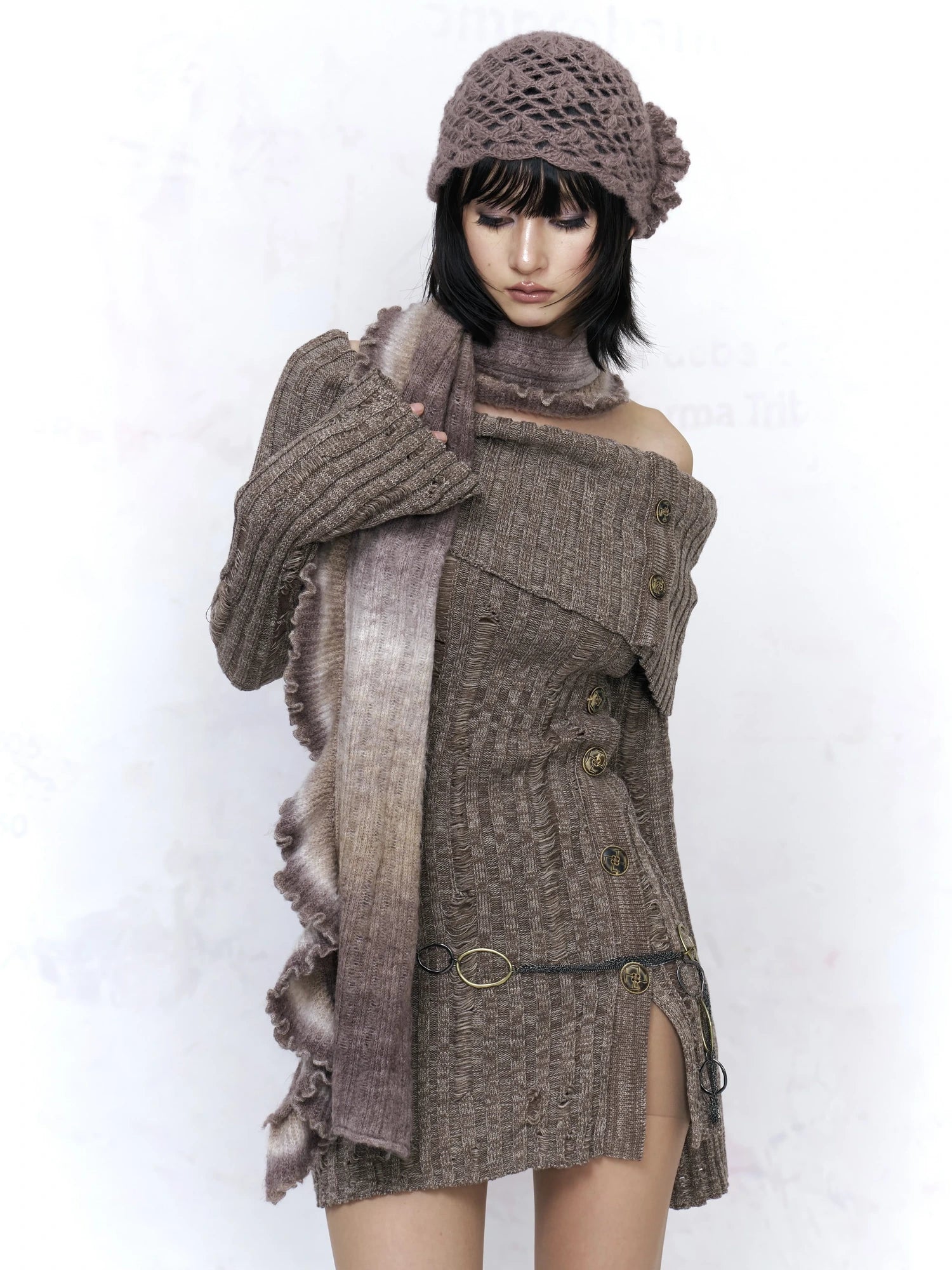 Backless Off Shoulder Wool Knit Ripped Long Sleeve Women Pullover Sweater