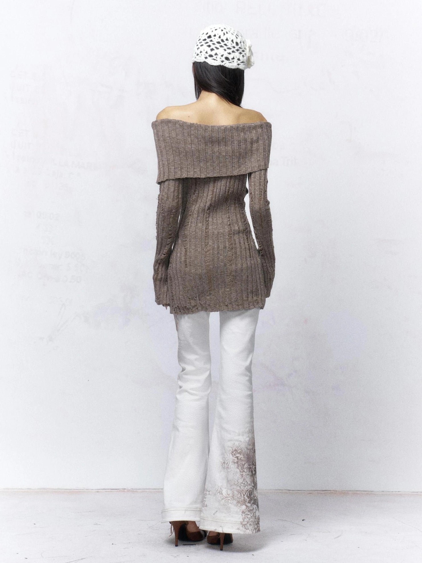 Backless Off Shoulder Wool Knit Ripped Long Sleeve Women Pullover Sweater