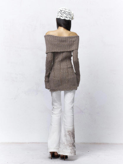 Backless Off Shoulder Wool Knit Ripped Long Sleeve Women Pullover Sweater