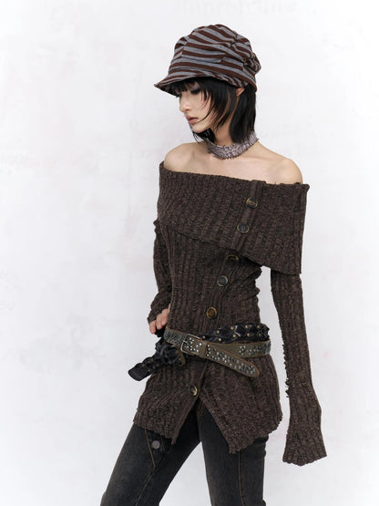 Backless Off Shoulder Wool Knit Ripped Long Sleeve Women Pullover Sweater