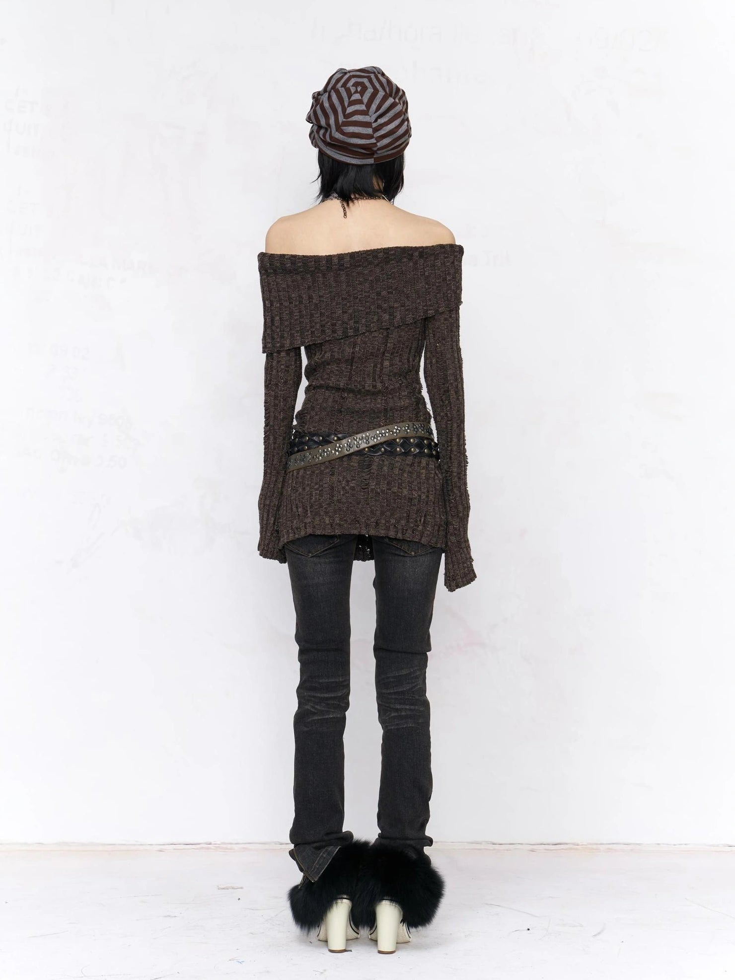 Backless Off Shoulder Wool Knit Ripped Long Sleeve Women Pullover Sweater