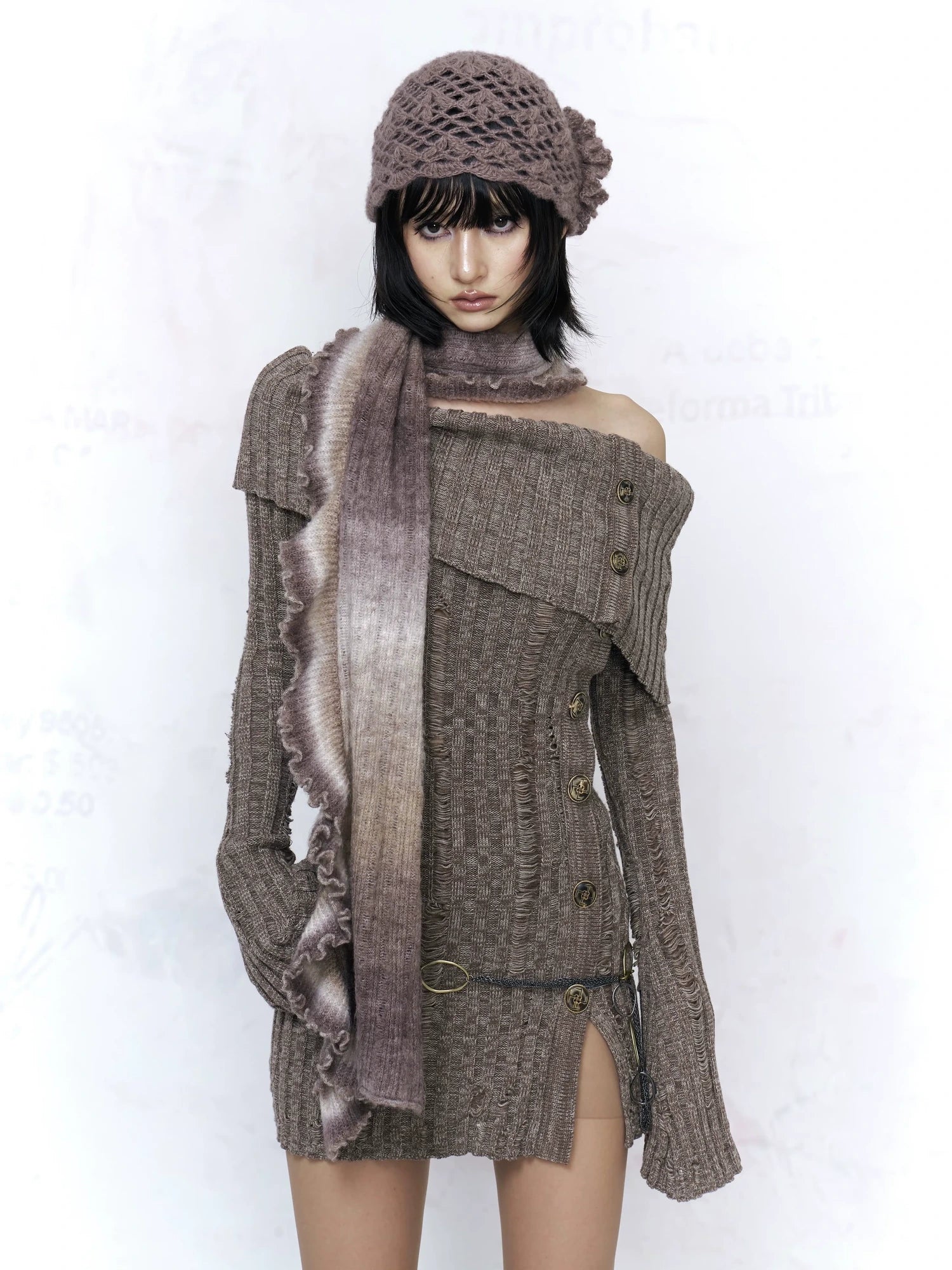 Backless Off Shoulder Wool Knit Ripped Long Sleeve Women Pullover Sweater