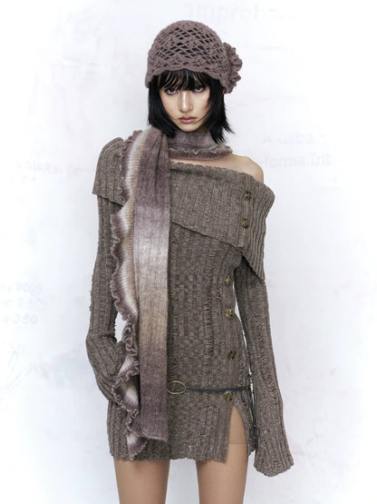 Backless Off Shoulder Wool Knit Ripped Long Sleeve Women Pullover Sweater