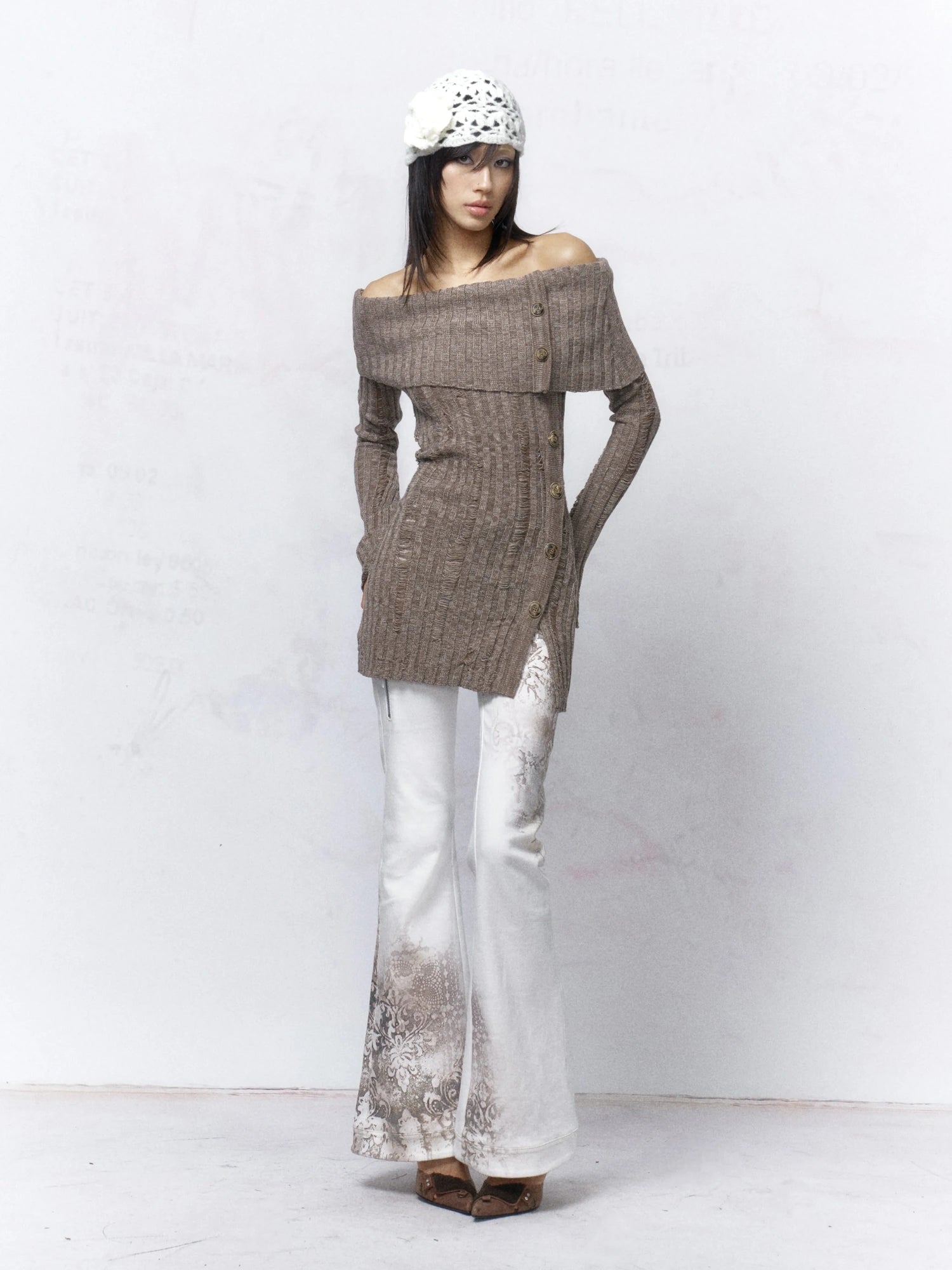 Backless Off Shoulder Wool Knit Ripped Long Sleeve Women Pullover Sweater