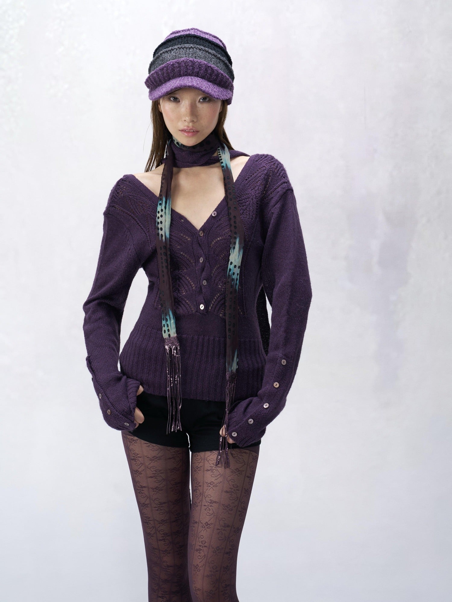 Flowers birds Market Backless V-neck Casual Fitted Women Striped Cotton Knit Long Sleeve Sweaters