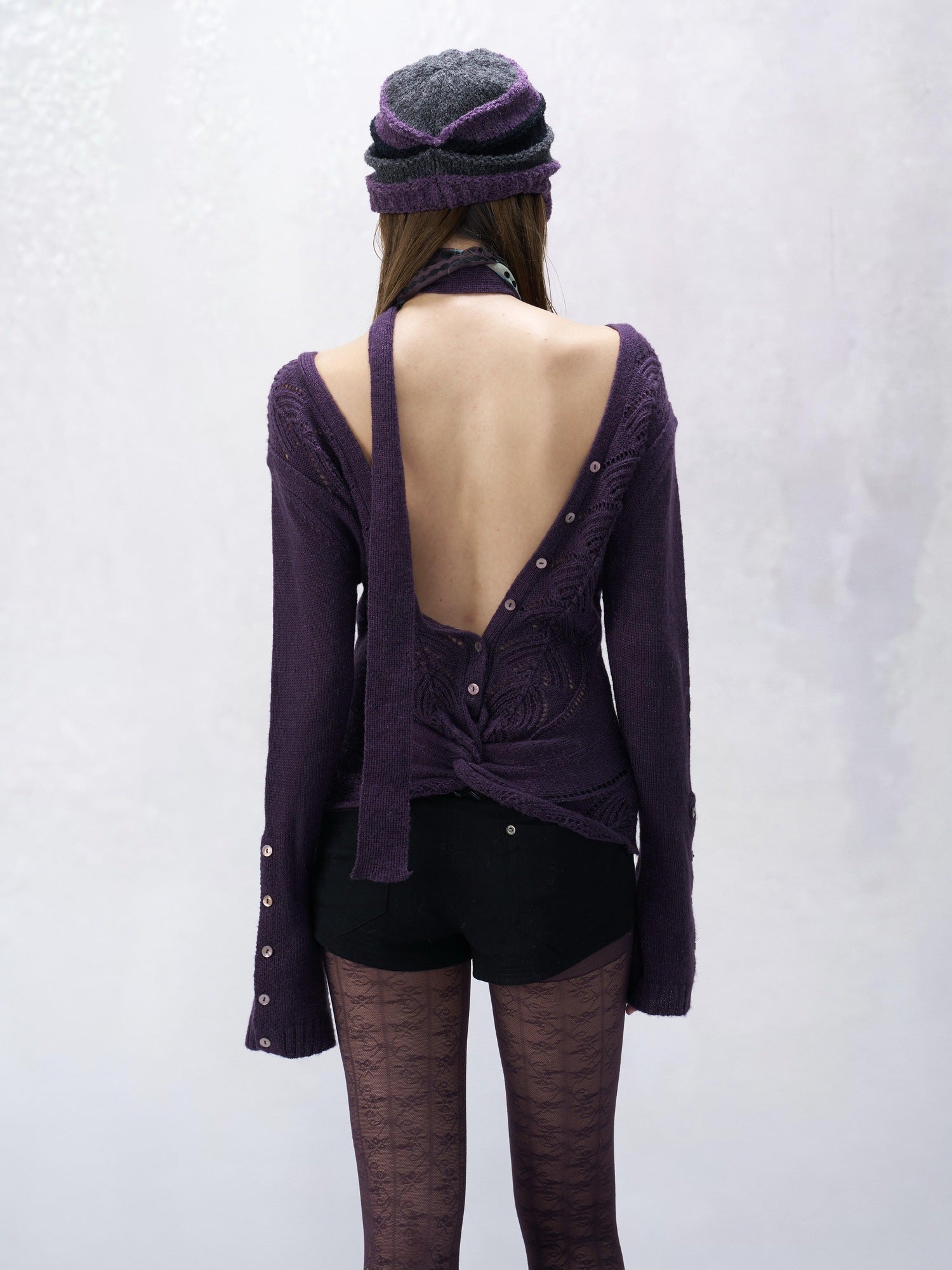 Flowers birds Market Backless V-neck Casual Fitted Women Striped Cotton Knit Long Sleeve Sweaters