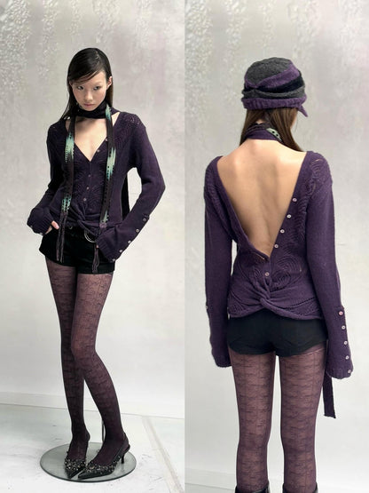 Flowers birds Market Backless V-neck Casual Fitted Women Striped Cotton Knit Long Sleeve Sweaters