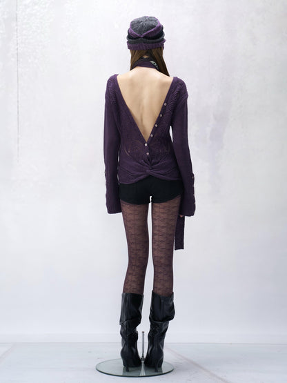 Flowers birds Market Backless V-neck Casual Fitted Women Striped Cotton Knit Long Sleeve Sweaters