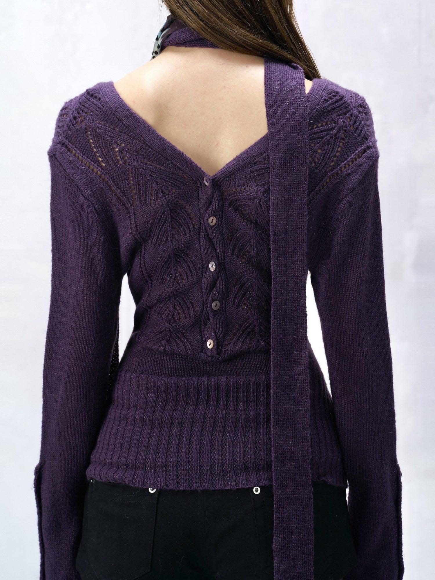 Flowers birds Market Backless V-neck Casual Fitted Women Striped Cotton Knit Long Sleeve Sweaters