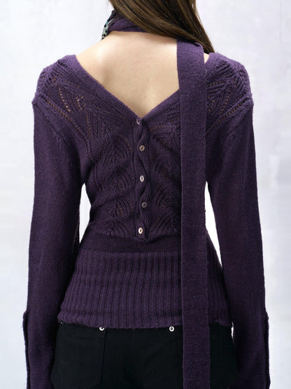 Flowers birds Market Backless V-neck Casual Fitted Women Striped Cotton Knit Long Sleeve Sweaters