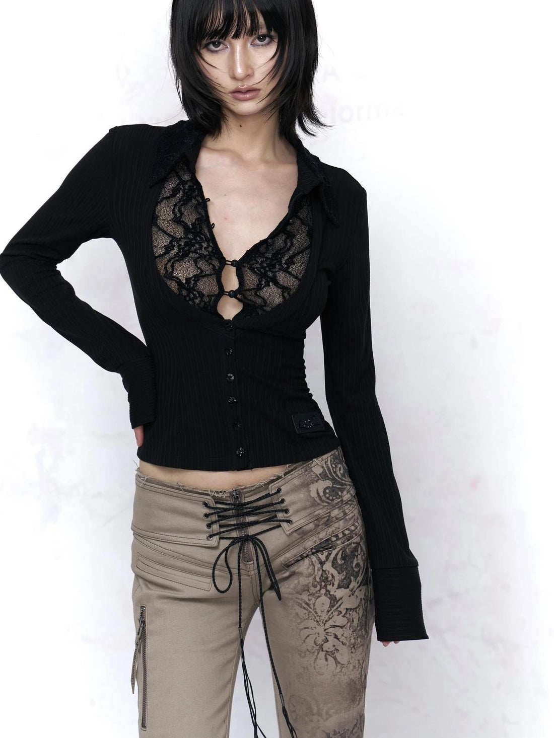 Flowers birds Market Black Cotton Spliced Knit Cropped Slim Fit Long Sleeve Collared Women Blouse
