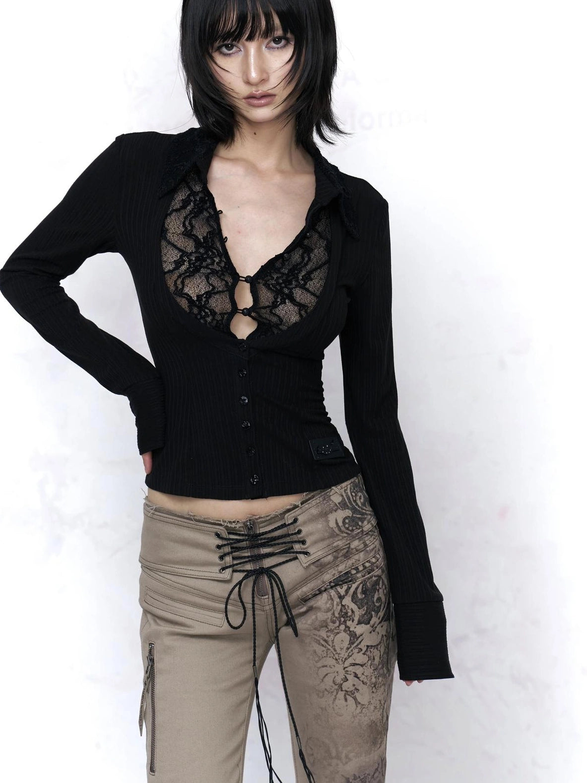 Flowers birds Market Black Cotton Spliced Knit Cropped Slim Fit Long Sleeve Collared Women Blouse