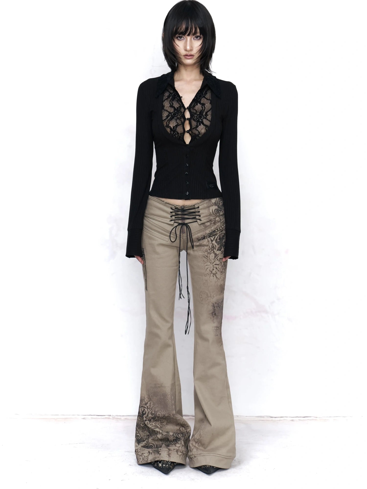 Flowers birds Market Black Cotton Spliced Knit Cropped Slim Fit Long Sleeve Collared Women Blouse