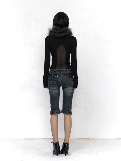 Flowers birds Market Black Cotton Spliced Knit Cropped Slim Fit Long Sleeve Collared Women Blouse