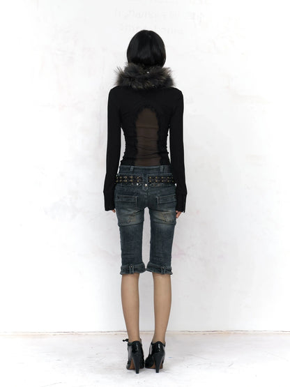 Flowers birds Market Black Cotton Spliced Knit Cropped Slim Fit Long Sleeve Collared Women Blouse