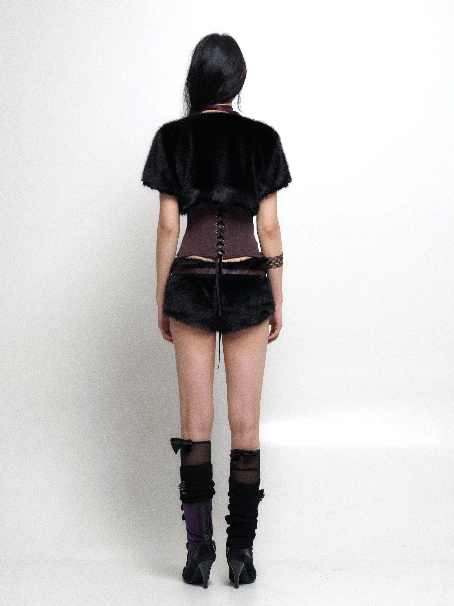 Black Filled Lace Up Bustier Crop Top And Shorts Set