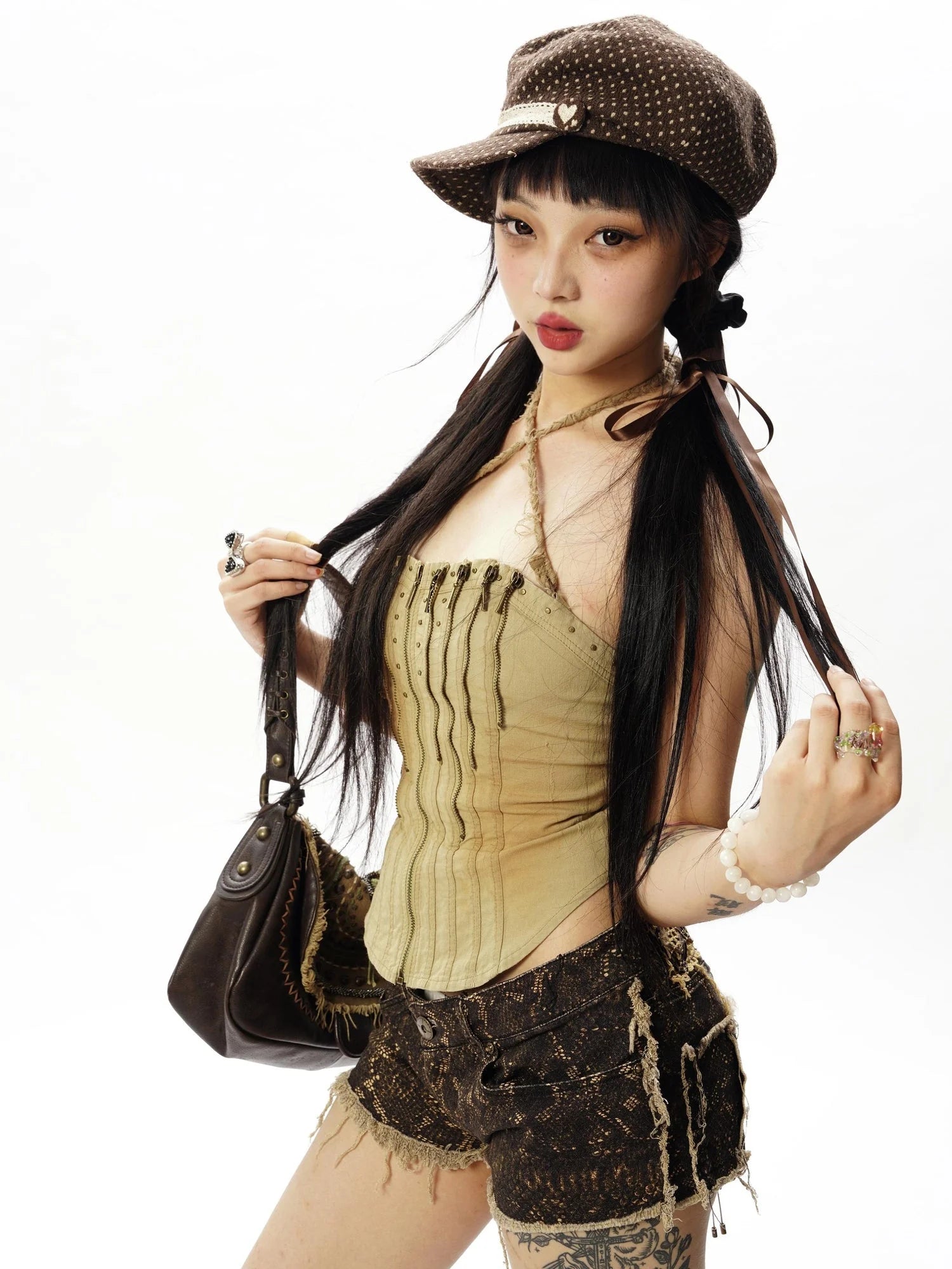 Black Gold Snake  Washed Frayed Hem Low Rise Denim Shorts